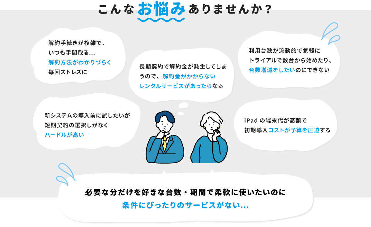 こんなお悩みありませんか？「解約方法がわかりづらい」「解約金がかからないレンタルサービスがあったらなぁ」「気軽に台数増減をしたい」「ハードルが高い」「初期導入コストが予算を圧迫する」