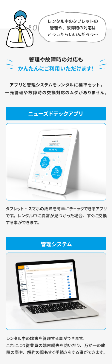 管理や故障時の対応もかんたんにご利用いただけます！アプリと管理システムをレンタルに標準セット
